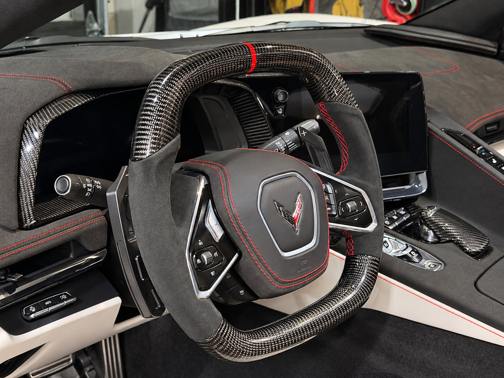 Carismo Steering Wheel For Chevrolet Corvette (C8) - Signature - Gloss Carbon - Alcantara - Red