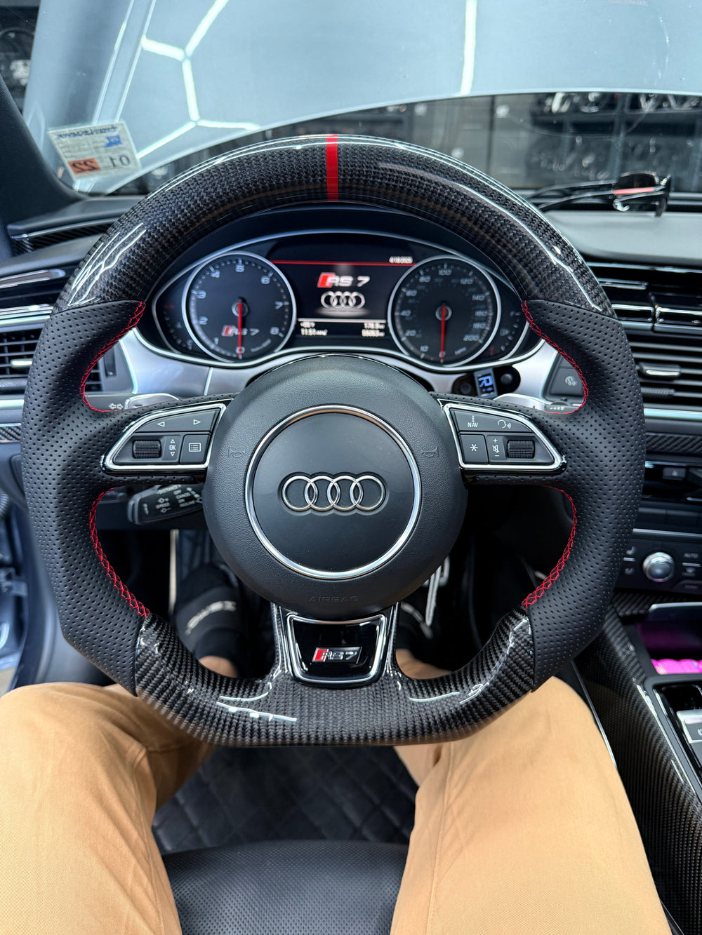 [Made to Order] Audi (C7 Wheel) - Sport - Gloss Carbon - Perforated Leather - Red Stitching - Red Stripe