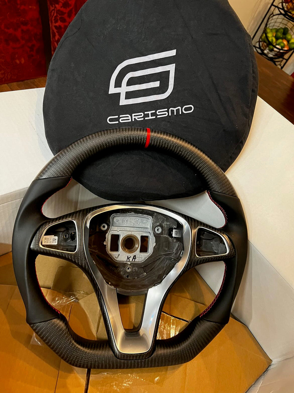 [Made to Order] Mercedes/AMG (2020 AMG Performance Wheel) - Sport - Matte Carbon - Perforated Leather - Yellow Stitching - Yellow Stripe