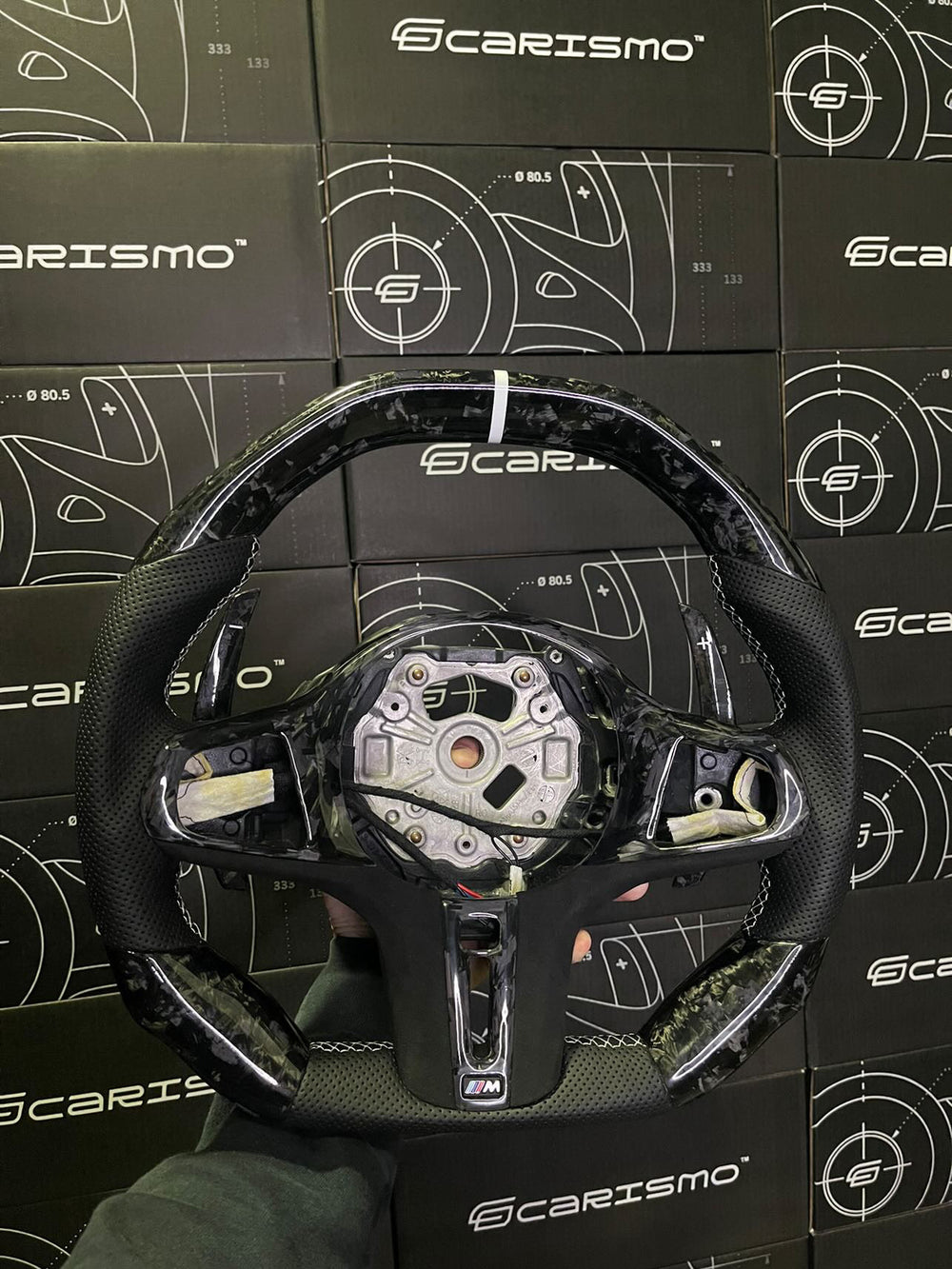 [Made to Order] BMW G-Series (M Performance Wheel) - Signature - Gloss Forged Carbon - Perforated Leather - White Stitching - White Stripe