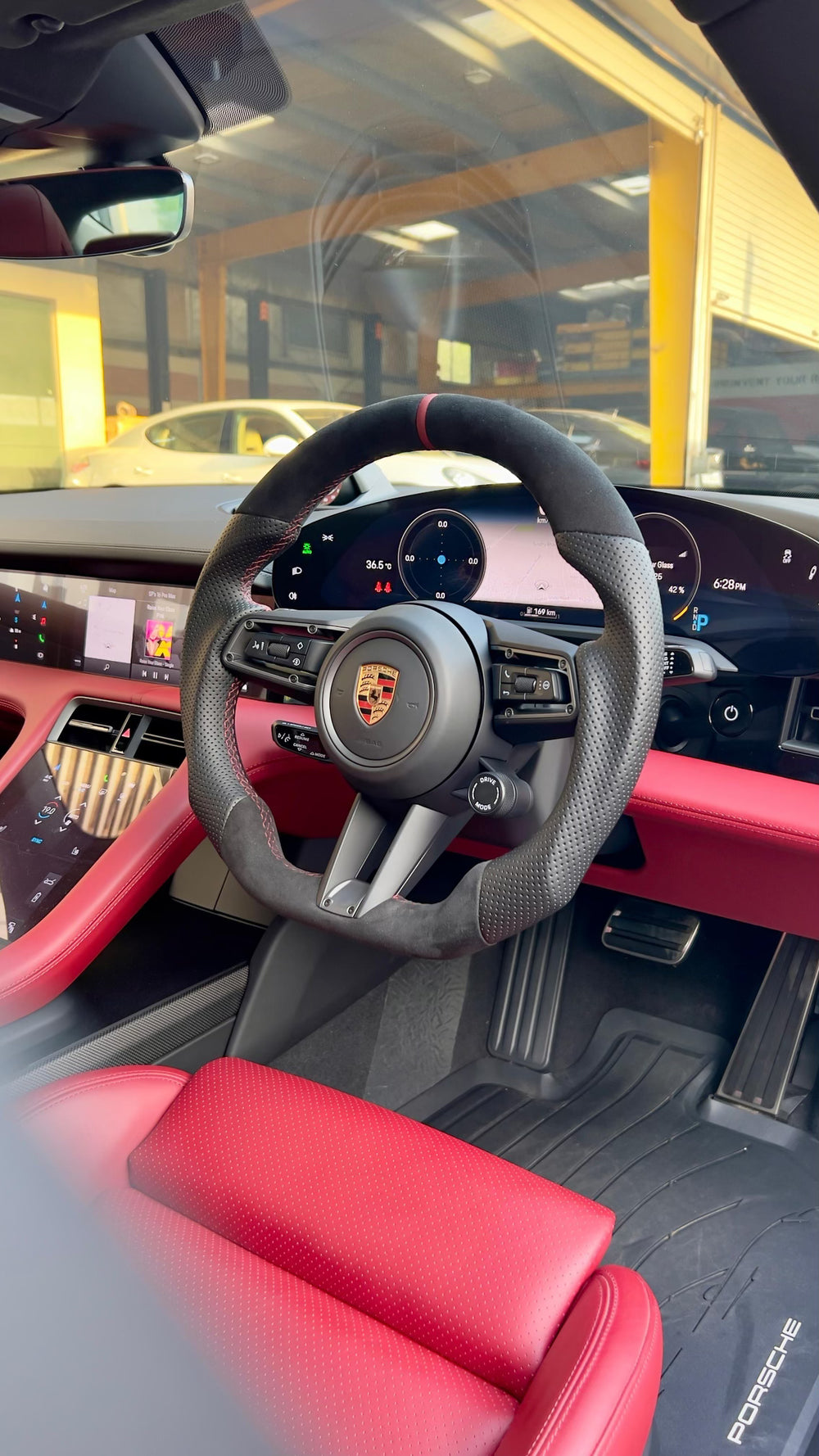 [Made to Order] Porsche (992.1 Wheel) - Sport - (No Carbon) Alcantara - Perforated Leather - Red Stitching - Red Smooth Leather Stripe