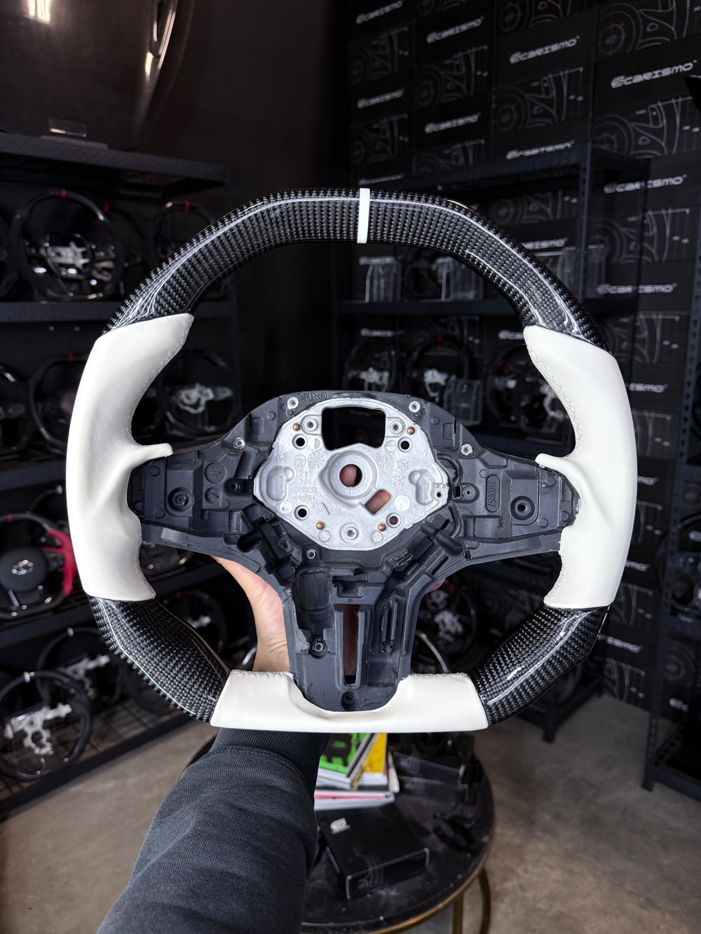 Carismo Steering Wheel For BMW G-Series (M Performance Wheel) - Signature - Gloss Carbon - White Smooth Leather - White