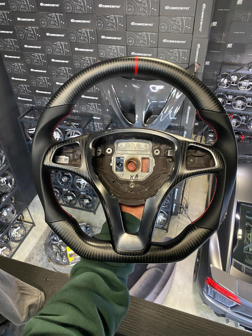 [Made to Order] Mercedes/AMG (2020 AMG Performance Wheel) - Sport - Matte Carbon - Perforated Leather - Yellow Stitching - Yellow Stripe