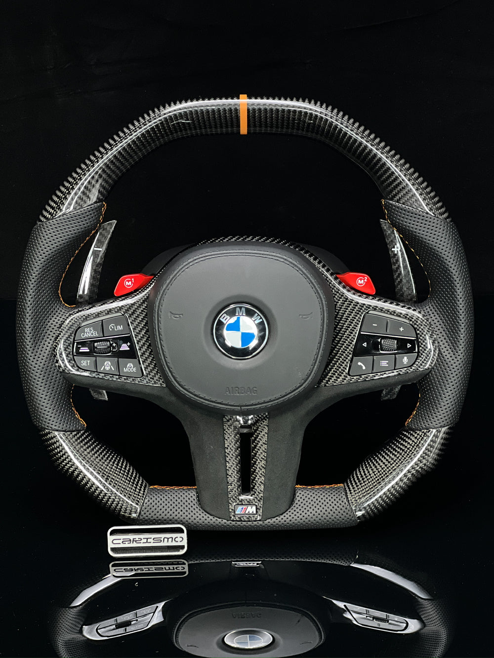 Carismo Steering Wheel For BMW G-Series (M Performance Wheel) - Signature - Gloss Carbon - Perforated Leather - Orange