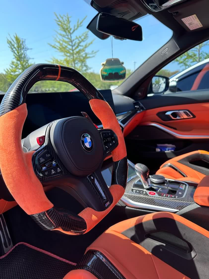 Carismo Steering Wheel For BMW G-Series (M Performance Wheel) - Signature - Gloss Carbon - Orange Alcantara