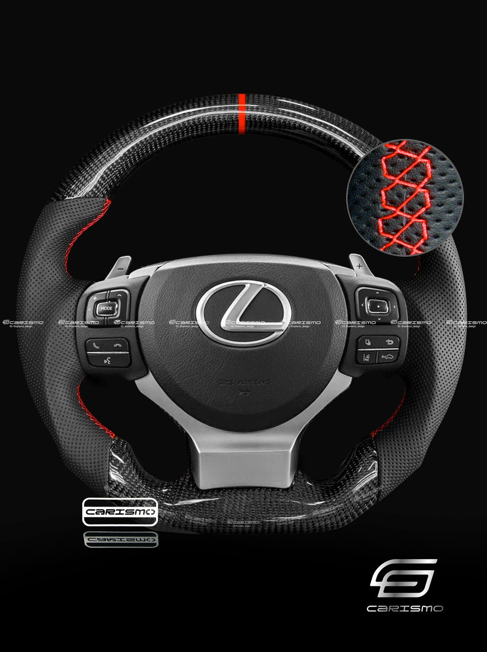 Carismo Steering Wheel For Lexus IS (Gen 3) - Sport - Gloss Carbon - Perforated Leather - Red
