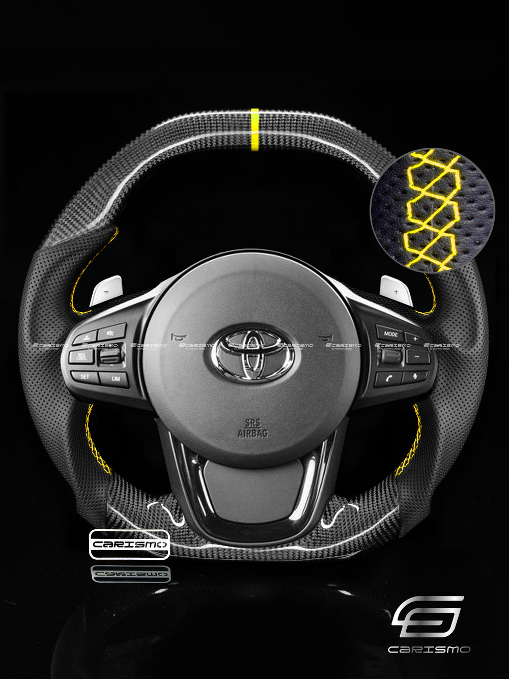 Carismo Steering Wheel For Toyota Supra (MKV) - Signature - Gloss Carbon - Perforated Leather - Yellow