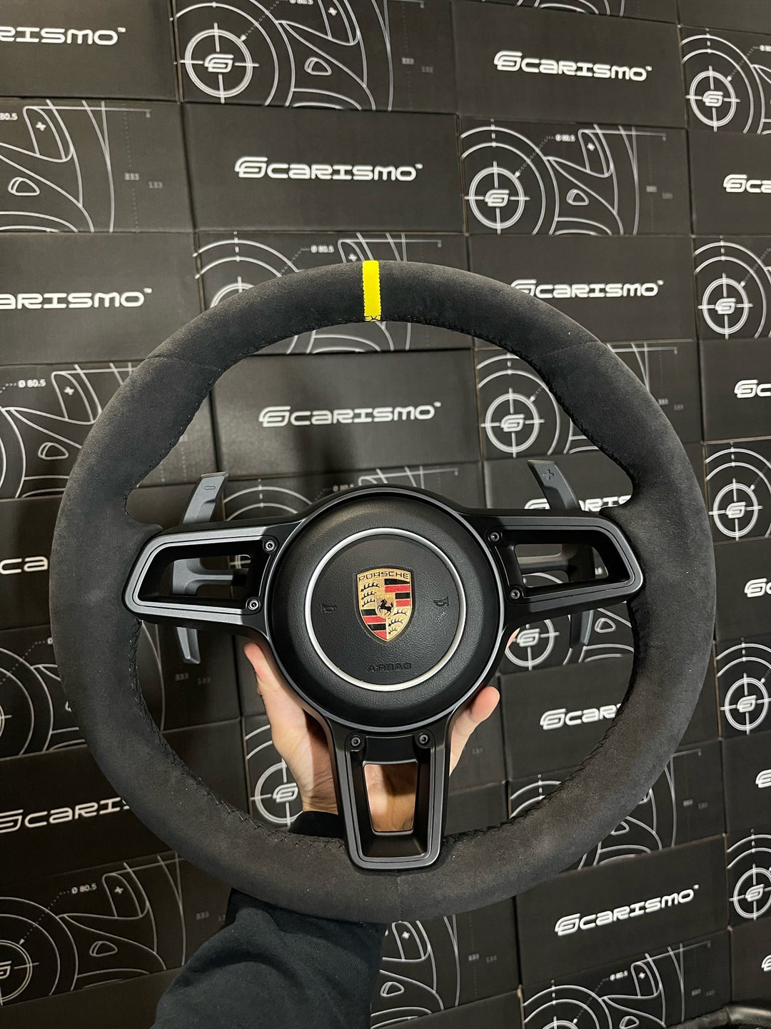 [Made to Order] Porsche (991.2 Wheel) - Sport - Full Alcantara - Alcantara - Black Stitching - Yellow Alcantara Stripe