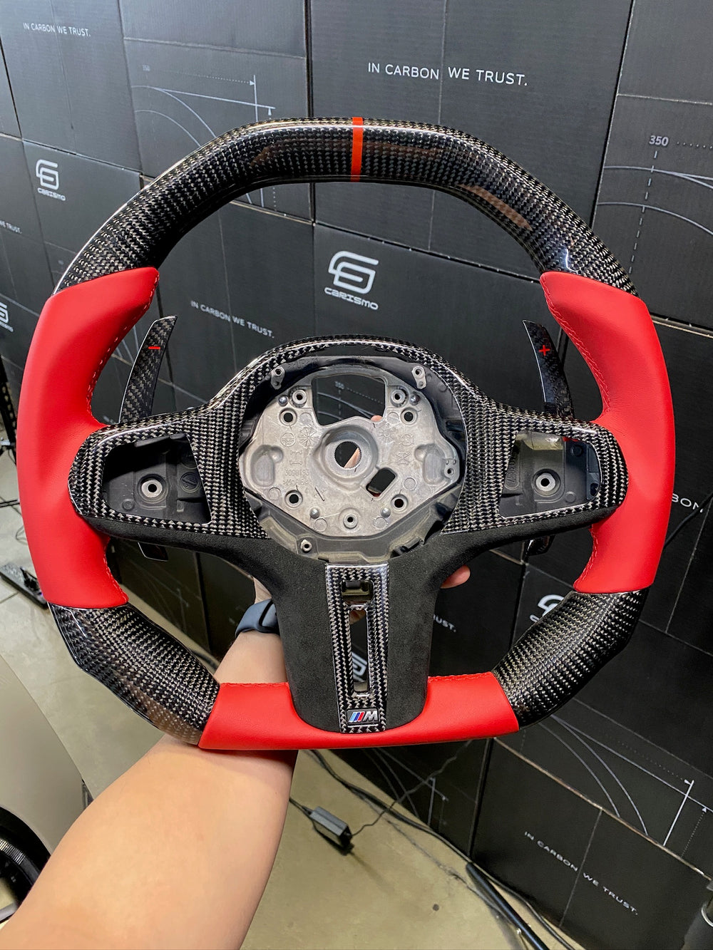 Carismo Steering Wheel For BMW G-Series (M Performance Wheel) - Signature - Gloss Carbon - Red Smooth Leather