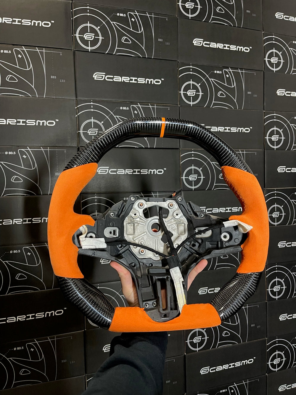 Carismo Steering Wheel For BMW G-Series (M Performance Wheel) - Signature - Gloss Carbon - Orange Alcantara