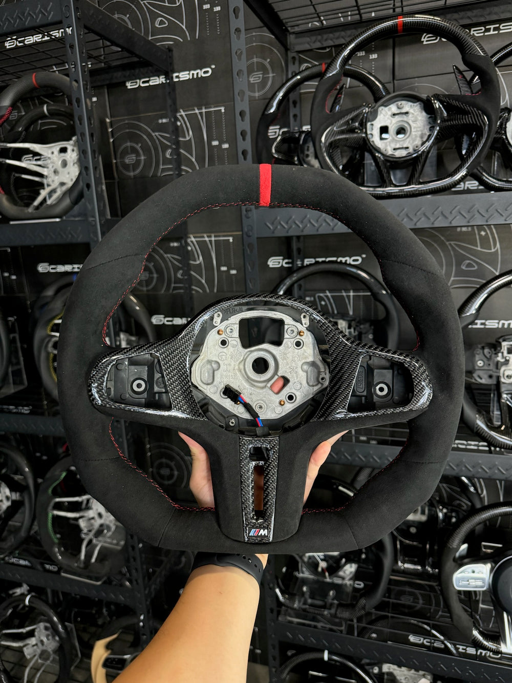 [Made to Order] BMW G-Series (M Performance Wheel) - Signature - (Full Alcantara) Alcantara - Alcantara - Red Stitching - Red Alcantara Stripe