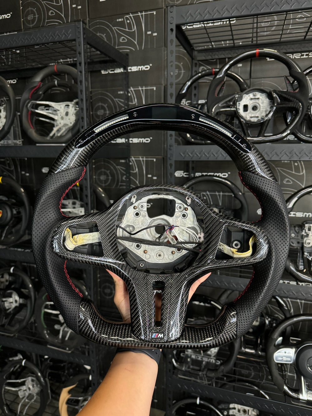 Carismo Steering Wheel For BMW G-Series (M Performance Wheel) - Classic RPM LED - Gloss Carbon - Perforated Leather - Red