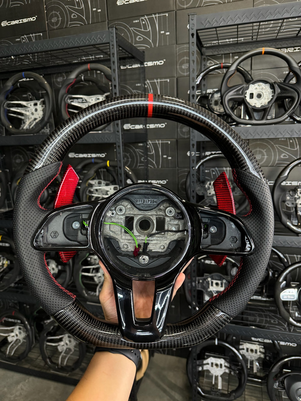 [Made to Order] Mercedes/AMG (2020 AMG Performance Wheel) - Sport - Gloss Carbon - Smooth Leather - Red Stitching - Red Stripe