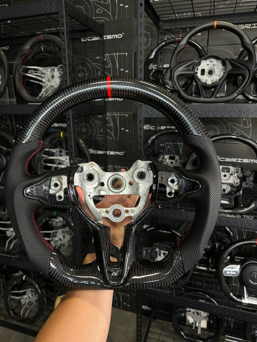 Carismo Steering Wheel For Hyundai Elantra N (CN7) - Sport - Gloss Carbon - Perforated Leather - Red