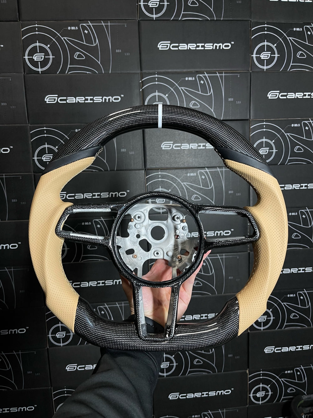 [Made to Order] Porsche (991.2 Wheel) - Sport - Gloss Plain Carbon - Tan Perforated Leather - Tan Stitching - White Stripe