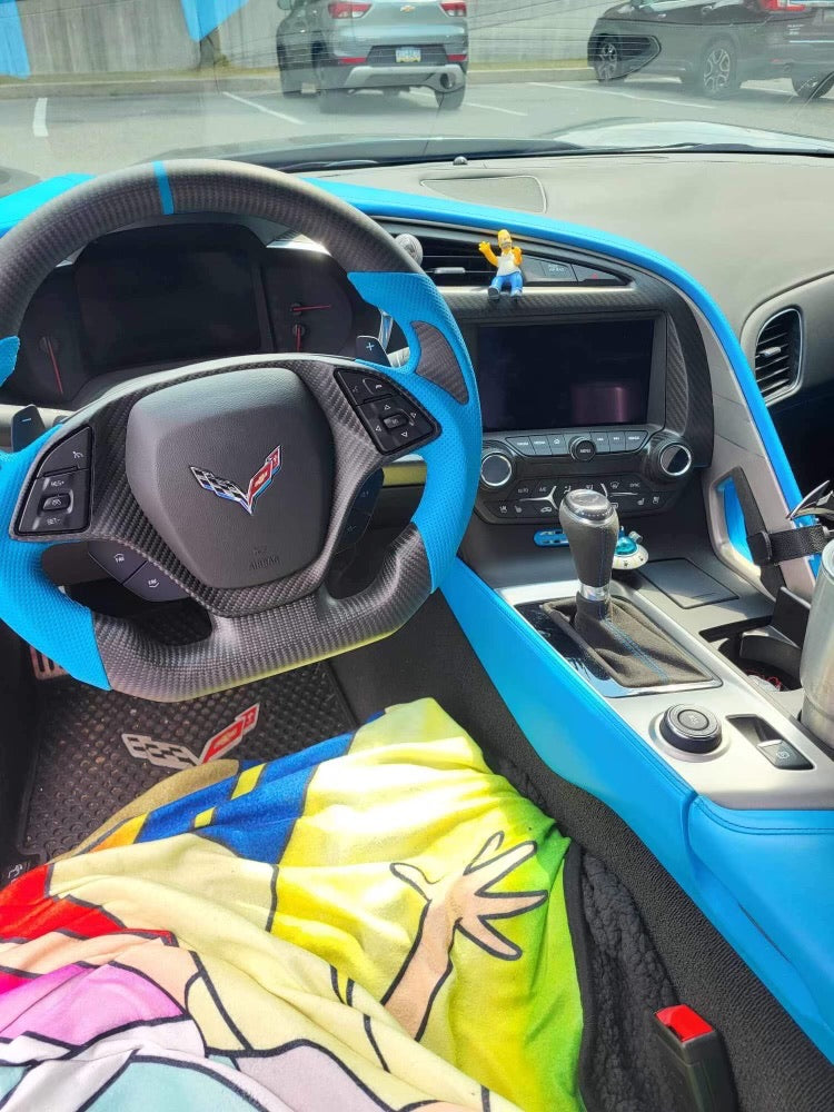 [Made to Order] Chevrolet Corvette (C7) - Sport - Matte Carbon - Light Blue Perforated Leather with Carbon Thumb Grip - Light Blue Stitching - Light Blue Stripe