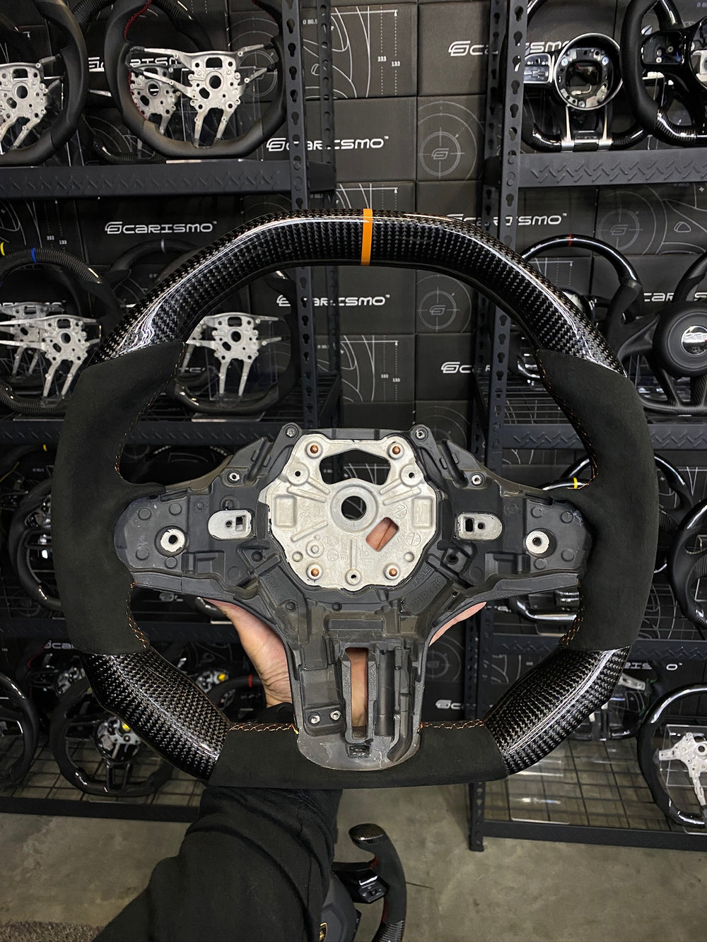 Carismo Steering Wheel For BMW G-Series (M Performance Wheel) - Signature - Gloss Carbon - Alcantara - Orange