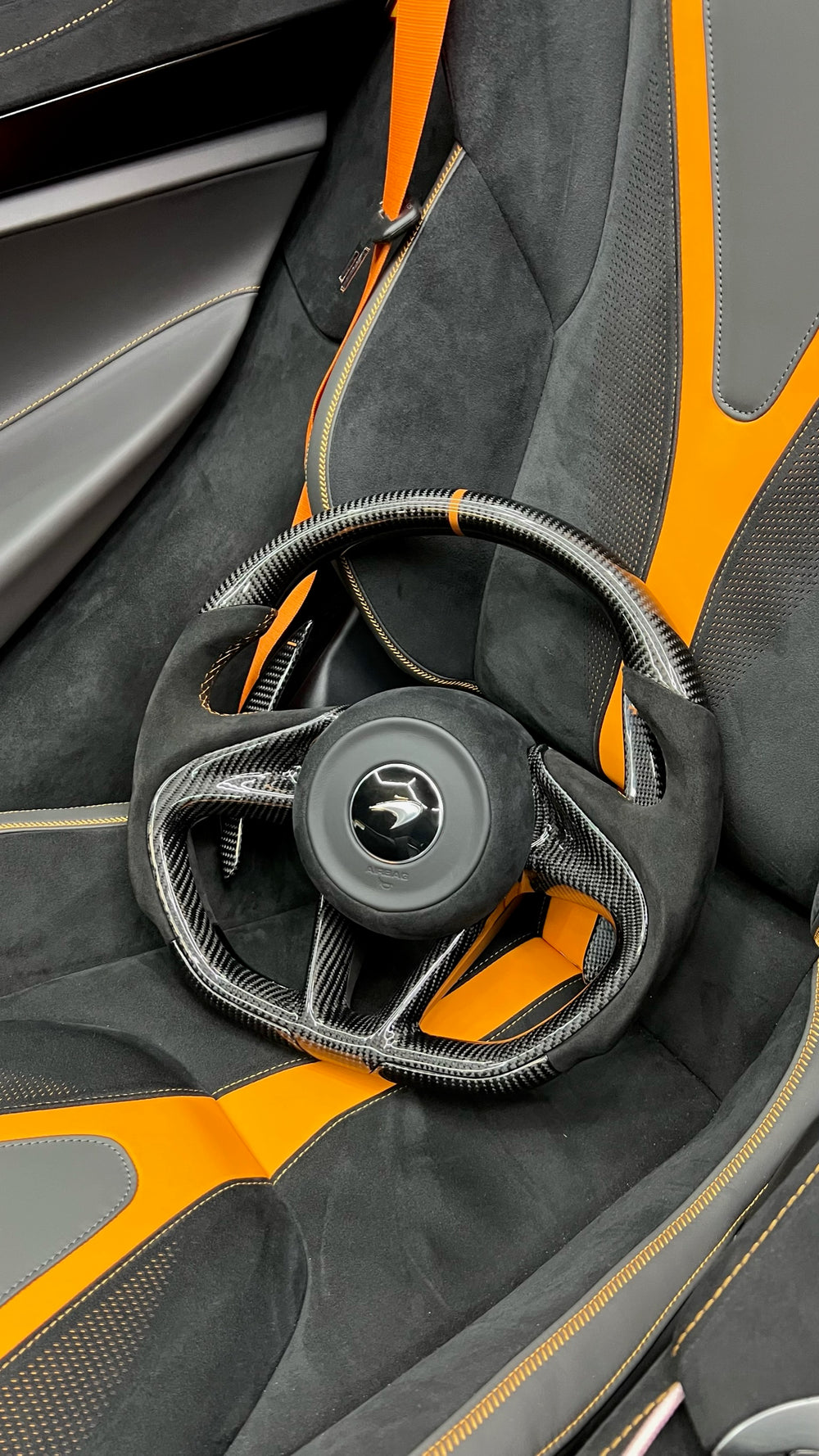 [Made to Order] McLaren Super Series - OEM Shape - Gloss Carbon - Alcantara - Orange Stitching - Orange Stripe