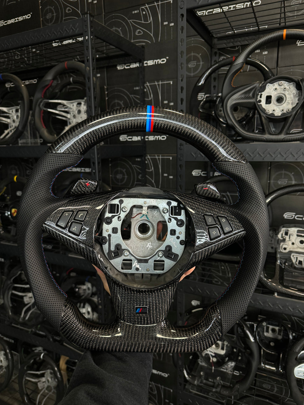 [Made to Order] BMW (E9X) - Sport - Gloss Carbon - Smooth Leather - BMW M Colors Stitching - Blue Stripe