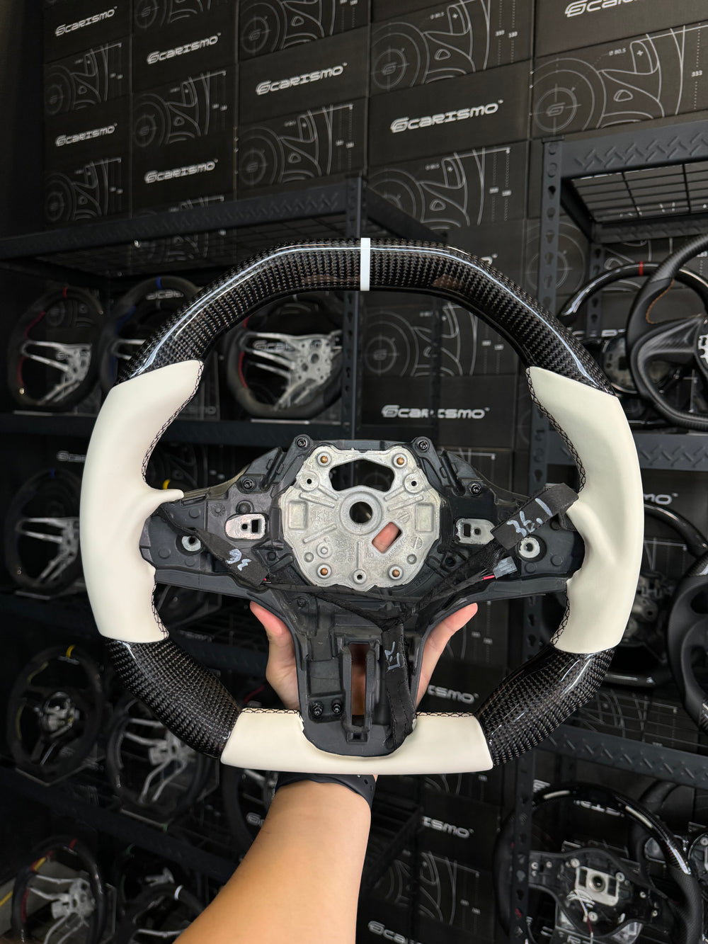 Carismo Steering Wheel For BMW G-Series (M Performance Wheel) - Signature - Gloss Carbon - White Smooth Leather - Black/White