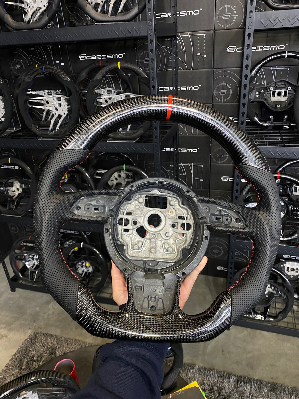 [Made to Order] Audi (C7 Wheel) - Sport - Gloss Carbon - Perforated Leather - Red Stitching - Red Stripe
