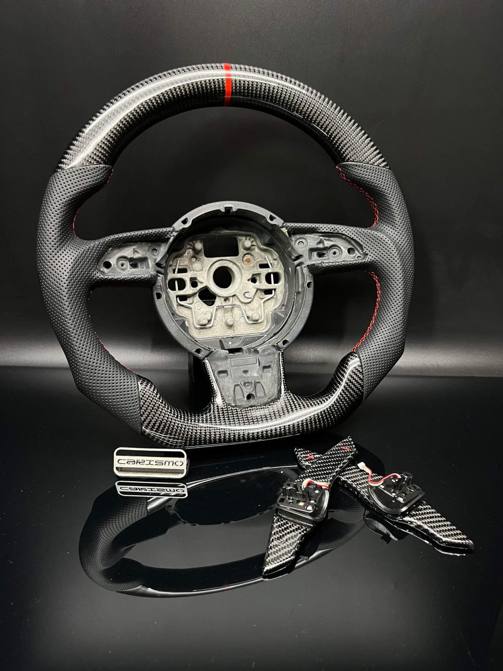 [Made to Order] Audi (C7 Wheel) - Sport - Gloss Carbon - Perforated Leather - Red Stitching - Red Stripe