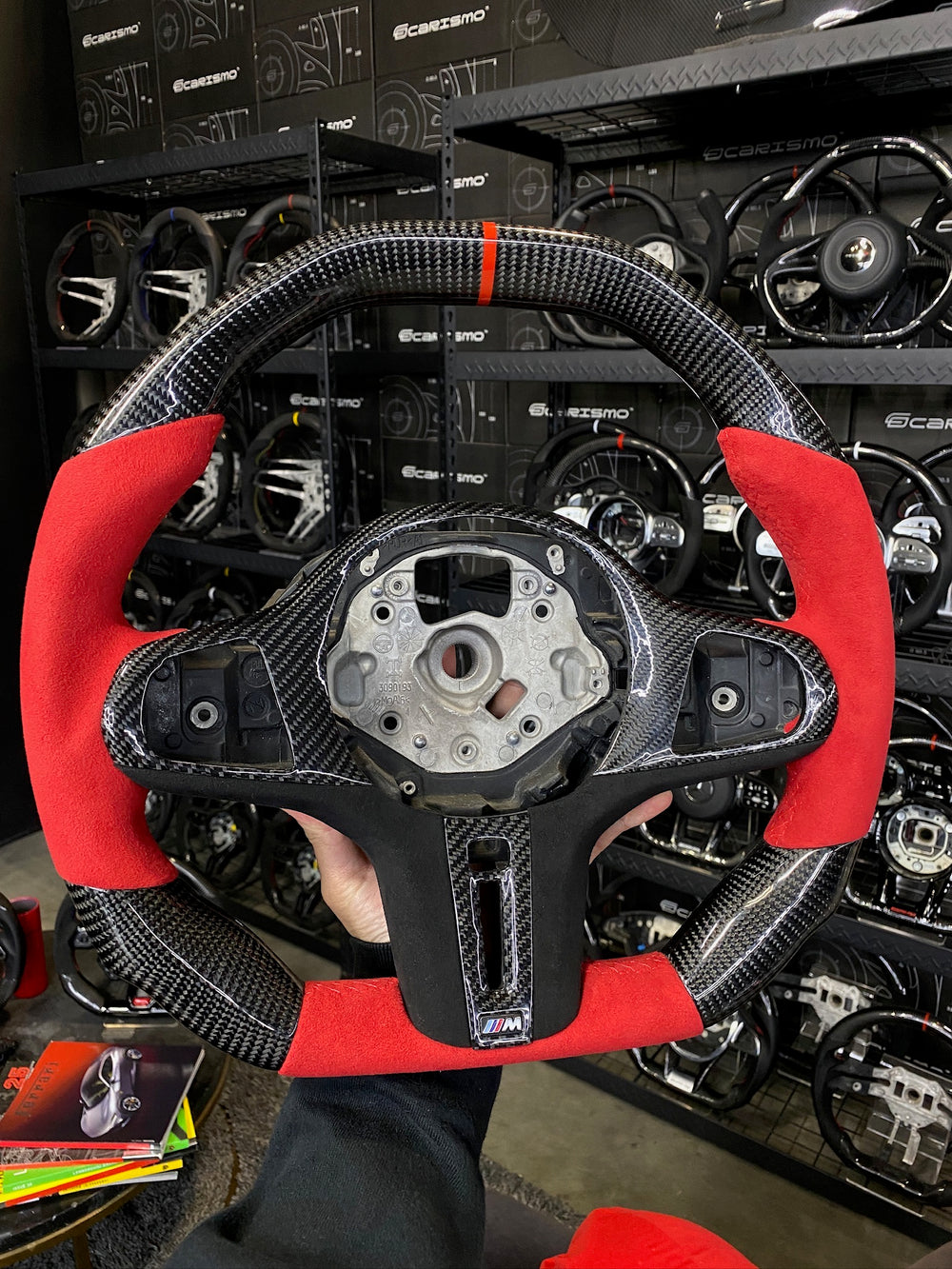 Carismo Steering Wheel For BMW G-Series (M Performance Wheel) - Signature - Gloss Carbon - Red Alcantara