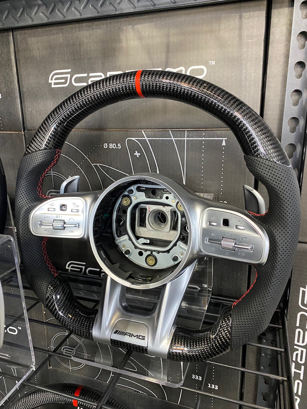 Carismo Steering Wheel For Mercedes/AMG (2020 AMG Performance Wheel) - Sport - Gloss Carbon - Perforated Leather - Red