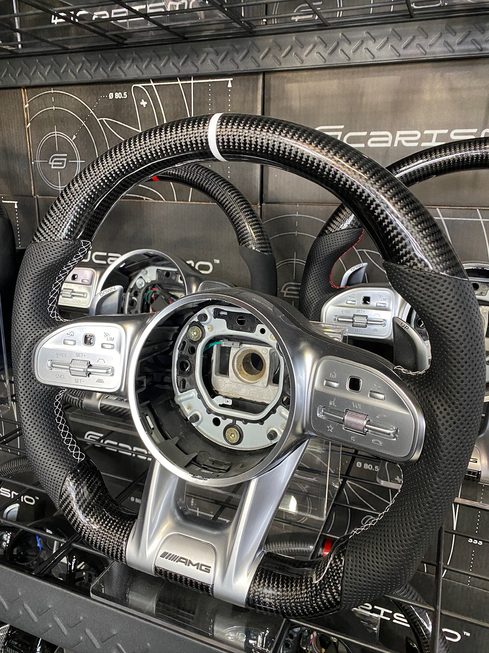 Carismo Steering Wheel For Mercedes/AMG (2020 AMG Performance Wheel) - Sport - Gloss Carbon - Perforated Leather - White