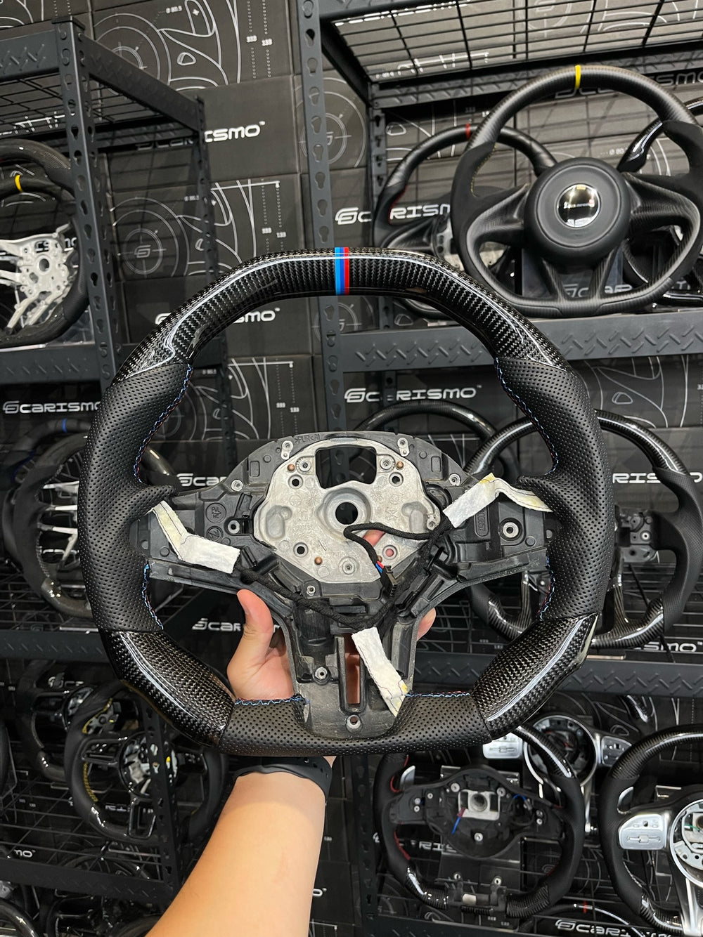 Carismo Steering Wheel For BMW G-Series (M Performance Wheel) - Signature - Gloss Carbon - Perforated Leather - BMW M Colors