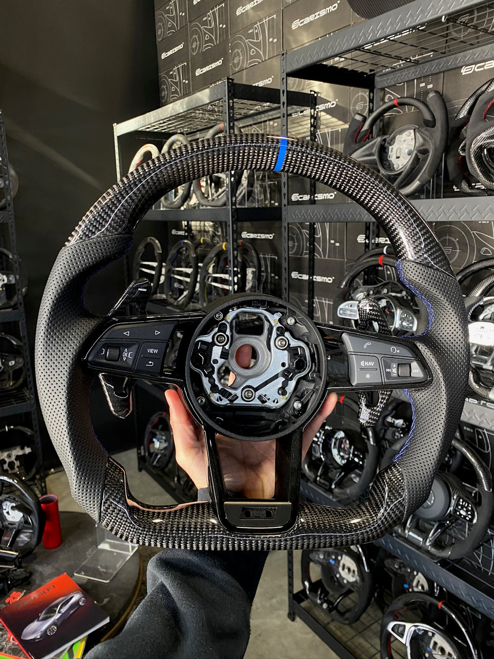 Carismo Steering Wheel For Audi R8 (Gen 2) - Sport - Gloss Carbon - Perforated Leather - Blue