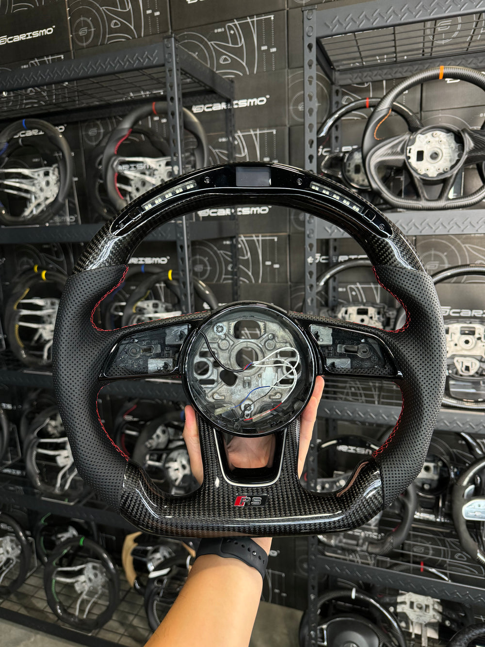 [Media/Test] Audi (2022+ B9 Wheel) - Classic RPM LED - Gloss Carbon - Perforated Leather - Red Stitching - No Stripe
