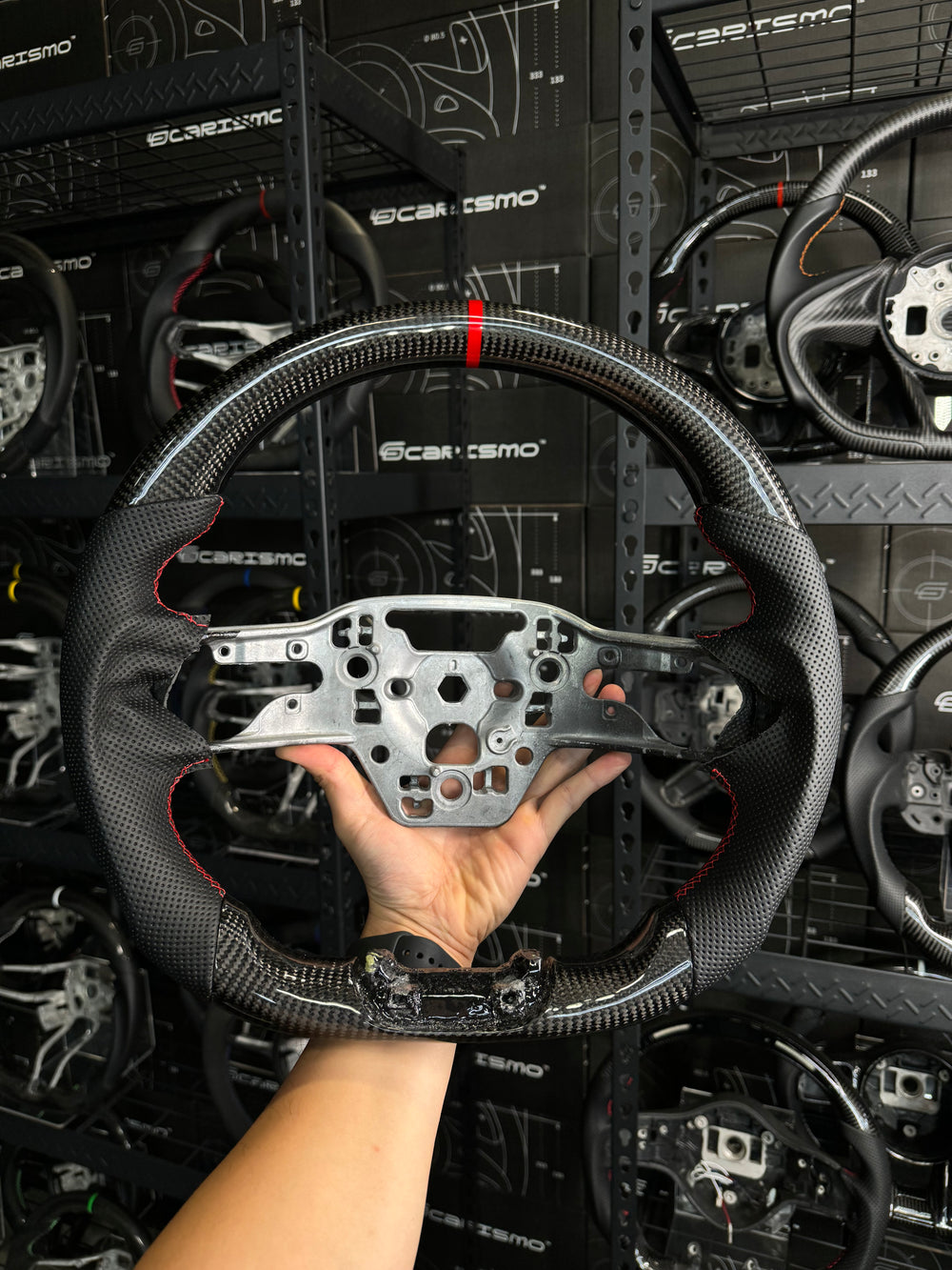 Carismo Steering Wheel For Ford Mustang (S650) - Sport - Gloss Carbon - Perforated Leather - Red