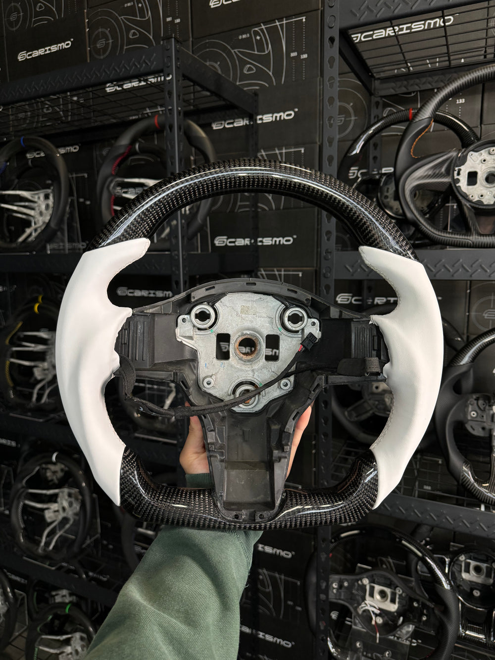Carismo Steering Wheel For Tesla Model 3/Y - Sport (Heated) - Gloss Carbon - White Smooth Leather - White