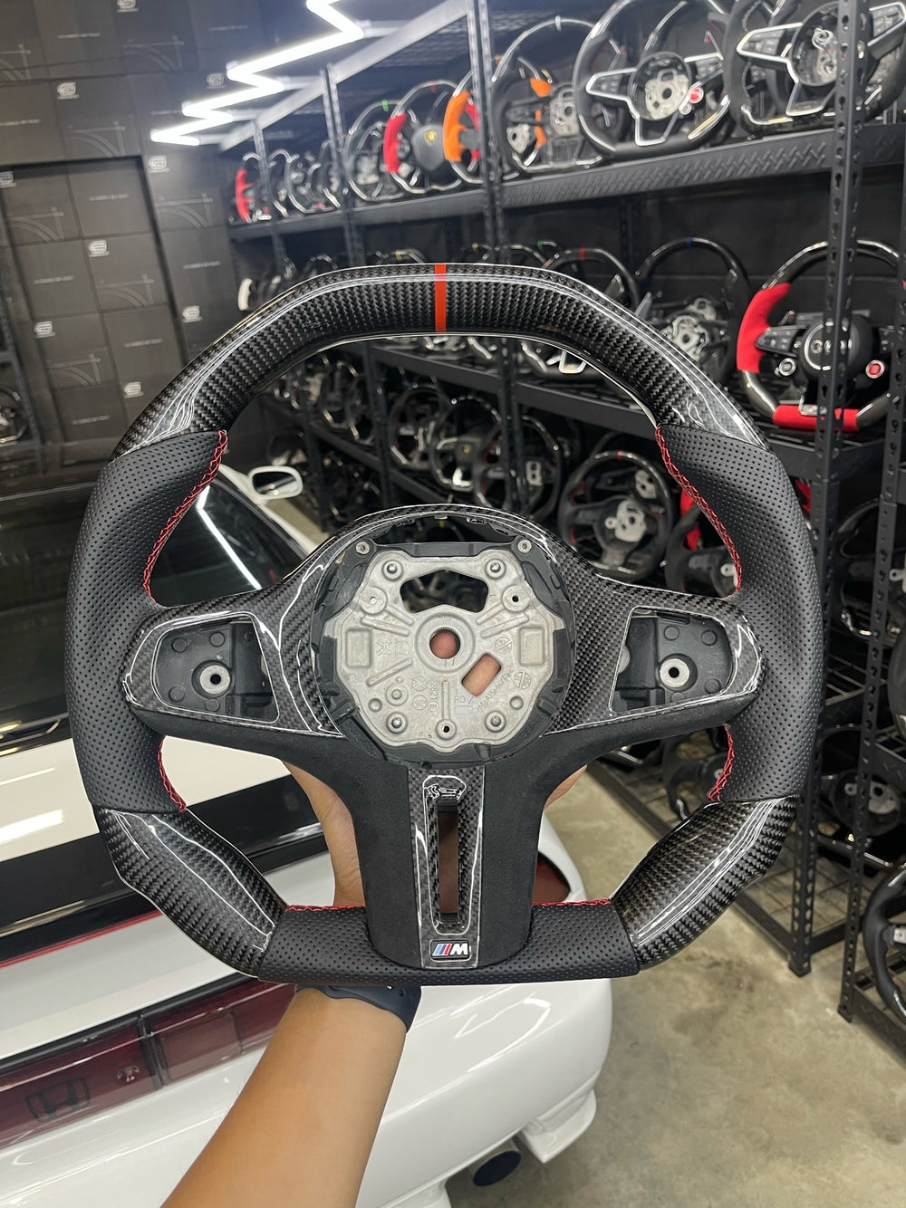 Carismo Steering Wheel For BMW G-Series (M Performance Wheel) - Signature - Gloss Carbon - Perforated Leather - Red