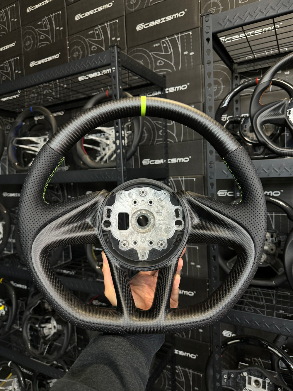 [Made to Order] McLaren Super Series - OEM Shape - Matte Carbon - Perforated Leather - Lime Green Stitching - Lime Green Stripe