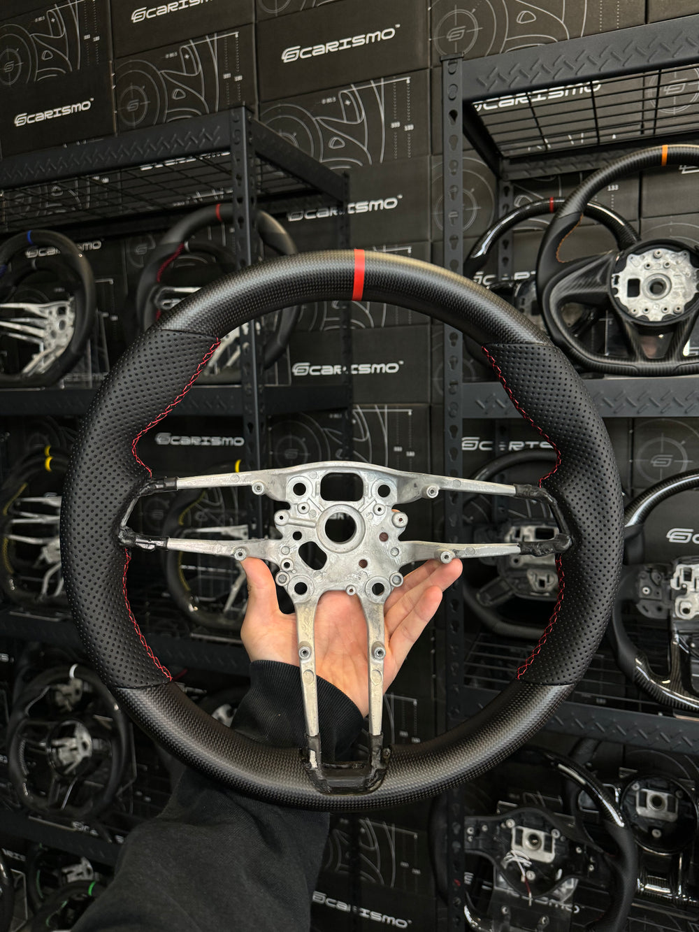 [Made to Order] Porsche (992.1 Wheel) - OEM Shape - Matte Plain Carbon - Perforated Leather - Red Stitching - Red Stripe