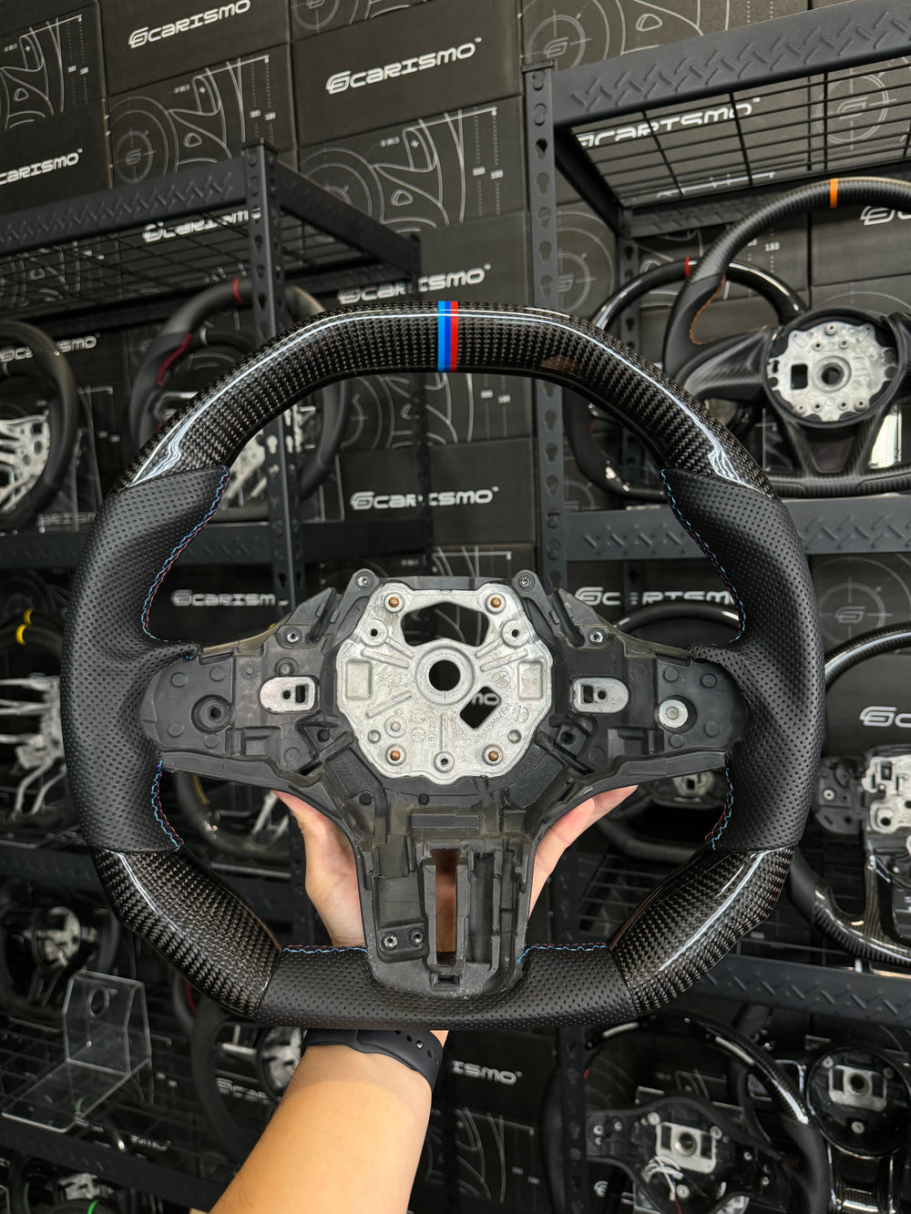 Carismo Steering Wheel For BMW G-Series (M Performance Wheel) - Signature - Gloss Carbon - Perforated Leather - BMW M Colors