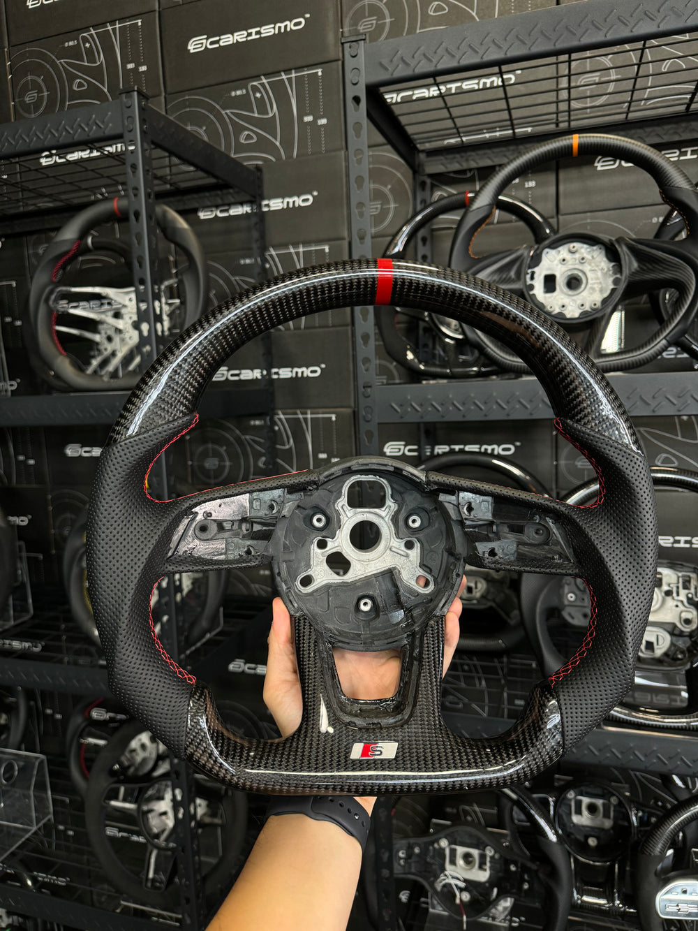 Carismo Steering Wheel For Audi (B9 Wheel) - Sport - Gloss Carbon - Perforated Leather - Red