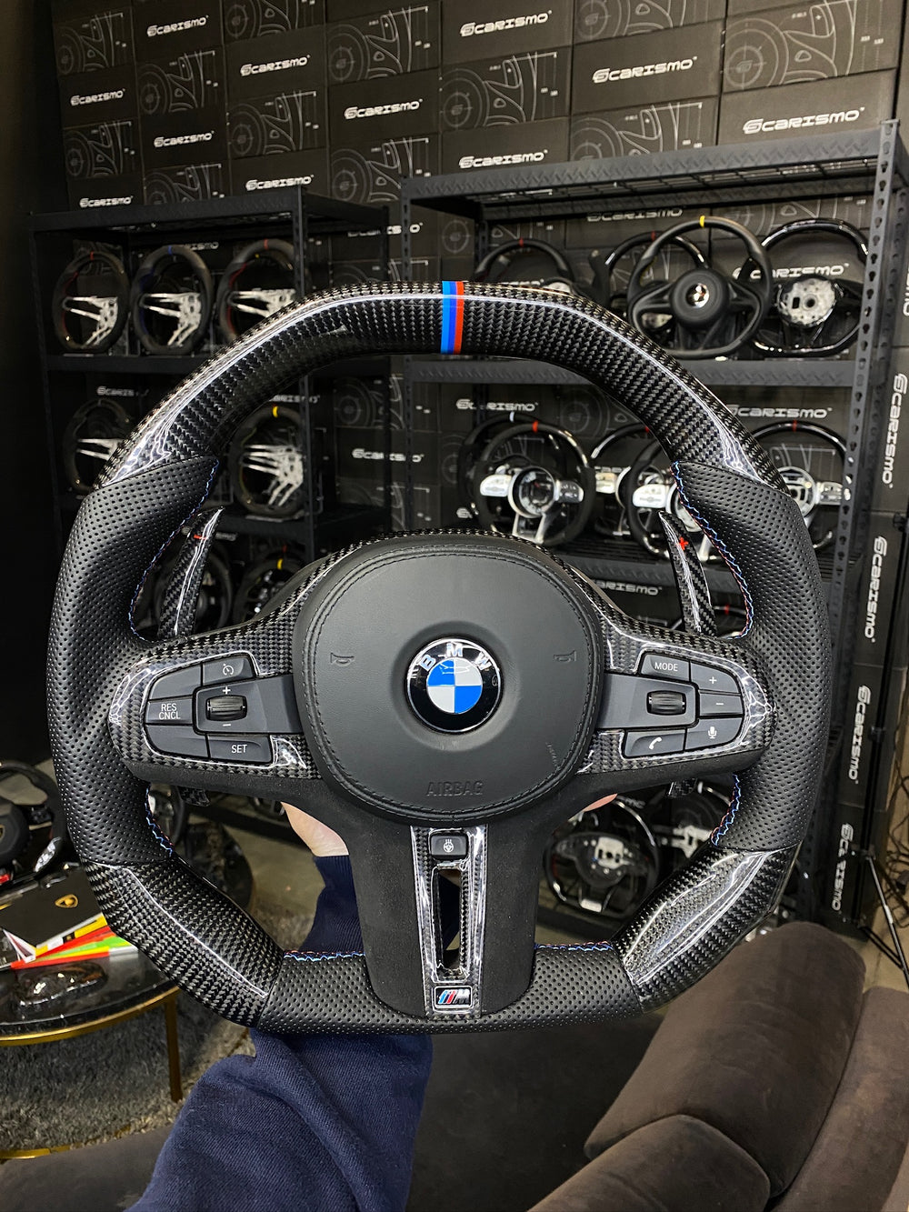Carismo Steering Wheel For BMW G-Series (M Performance Wheel) - Signature - Gloss Carbon - Perforated Leather - BMW M Colors