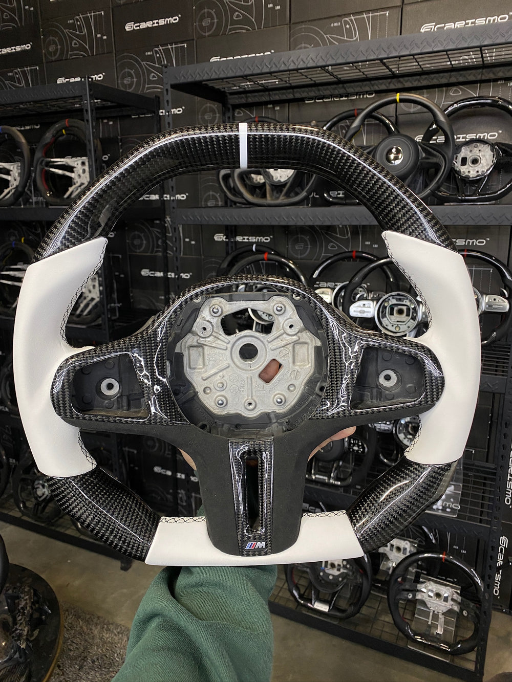 Carismo Steering Wheel For BMW G-Series (M Performance Wheel) - Signature - Gloss Carbon - White Smooth Leather - Black/White