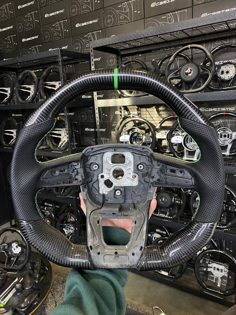 Carismo Steering Wheel For Lamborghini Urus - Signature - Gloss Carbon - Perforated Leather - Green