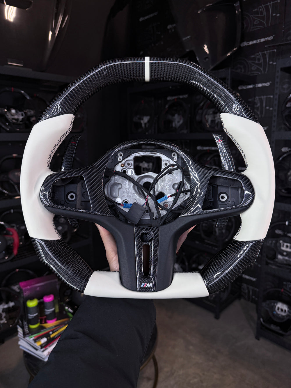 Carismo Steering Wheel For BMW G-Series (M Performance Wheel) - Signature - Gloss Carbon - White Smooth Leather - Black/White