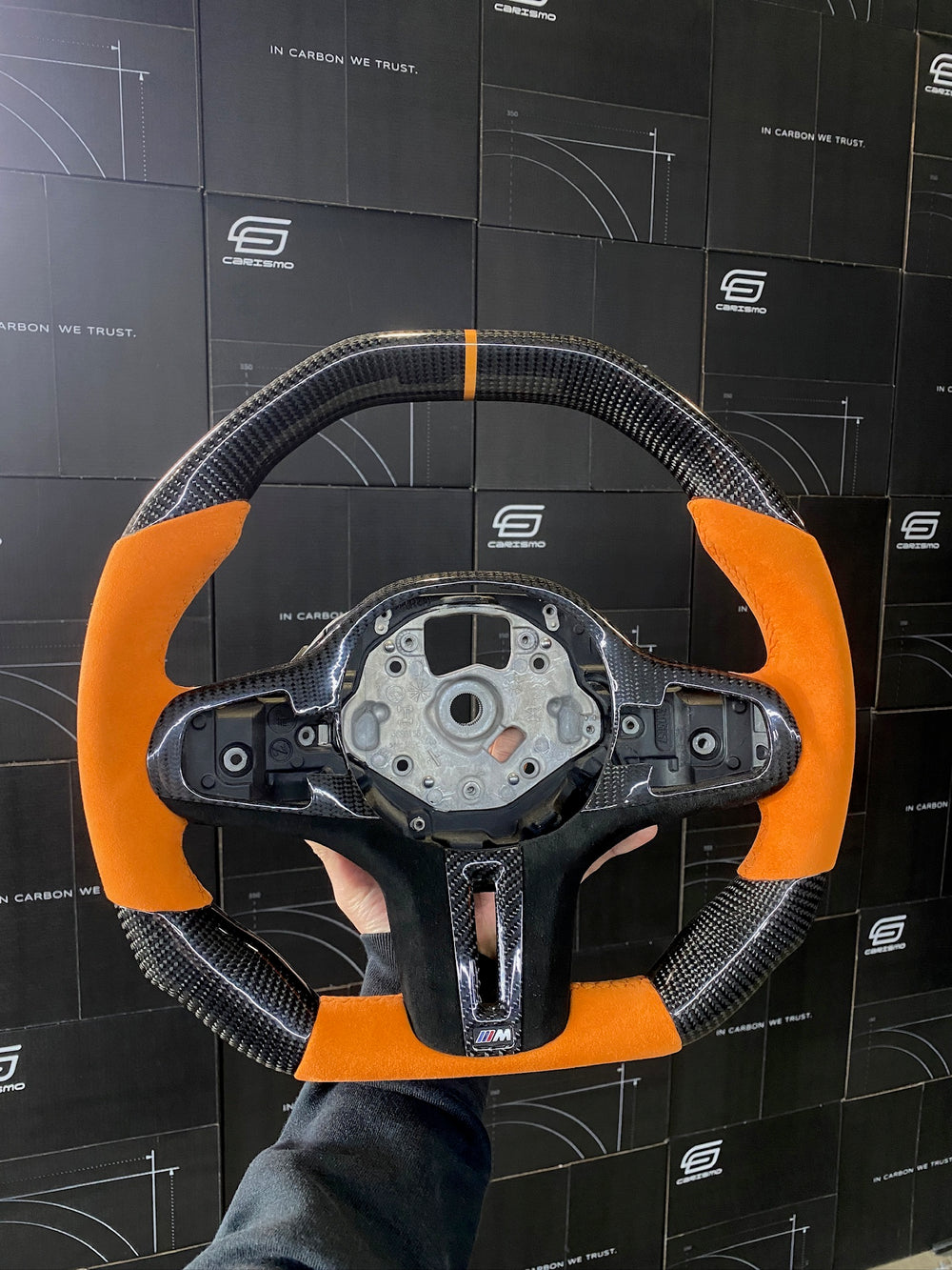 Carismo Steering Wheel For BMW G-Series (M Performance Wheel) - Signature - Gloss Carbon - Orange Alcantara