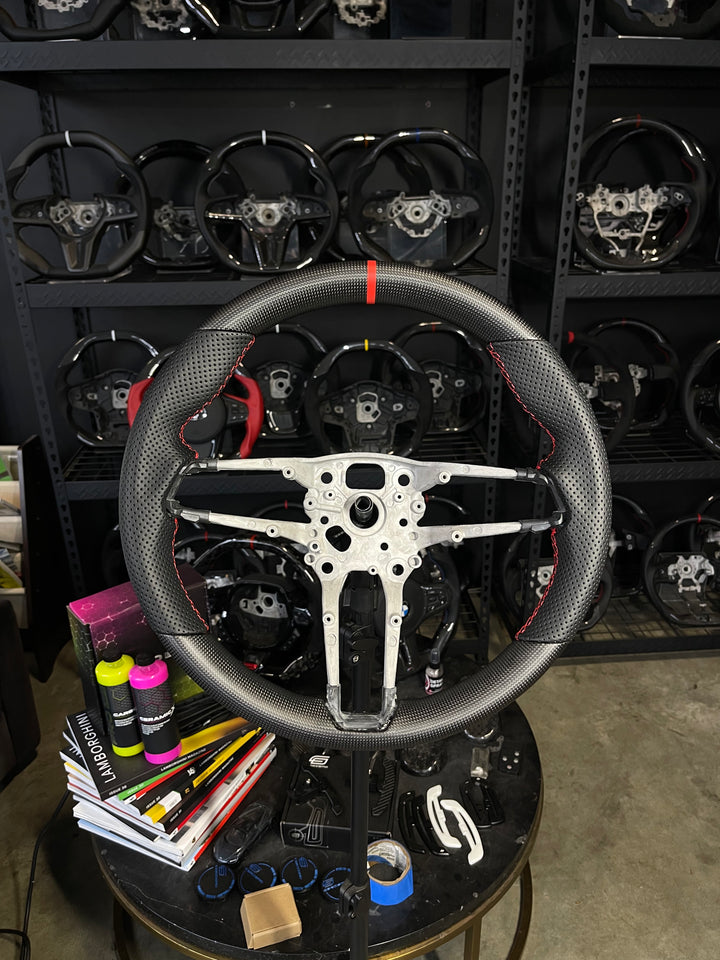 [Media/Test] Porsche (992.1 Wheel) - OEM Shape - Matte Plain Carbon - Perforated Leather - Red Stitching - Red Stripe