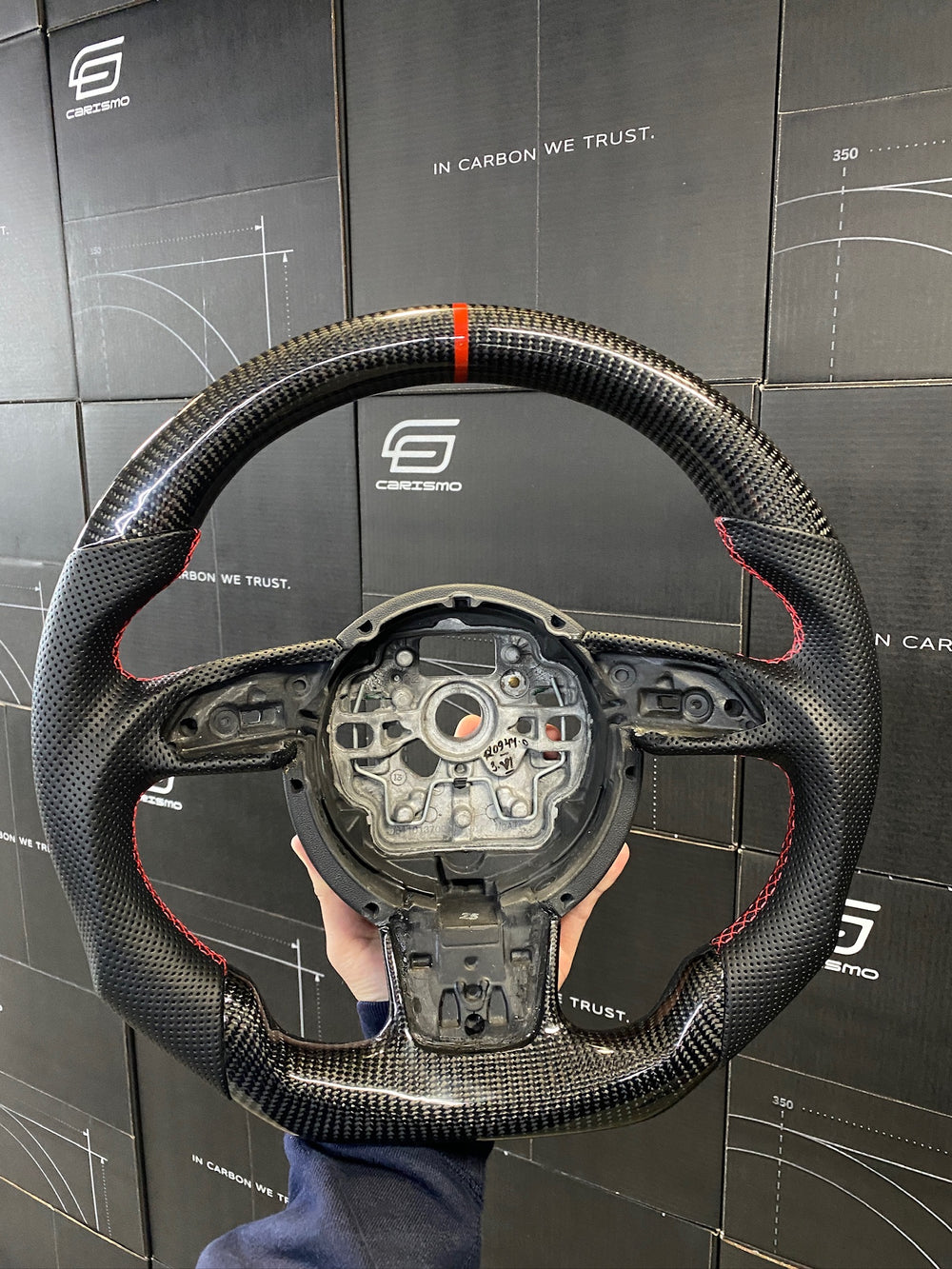 [Made to Order] Audi (C7 Wheel) - Sport - Gloss Carbon - Perforated Leather - Red Stitching - Red Stripe