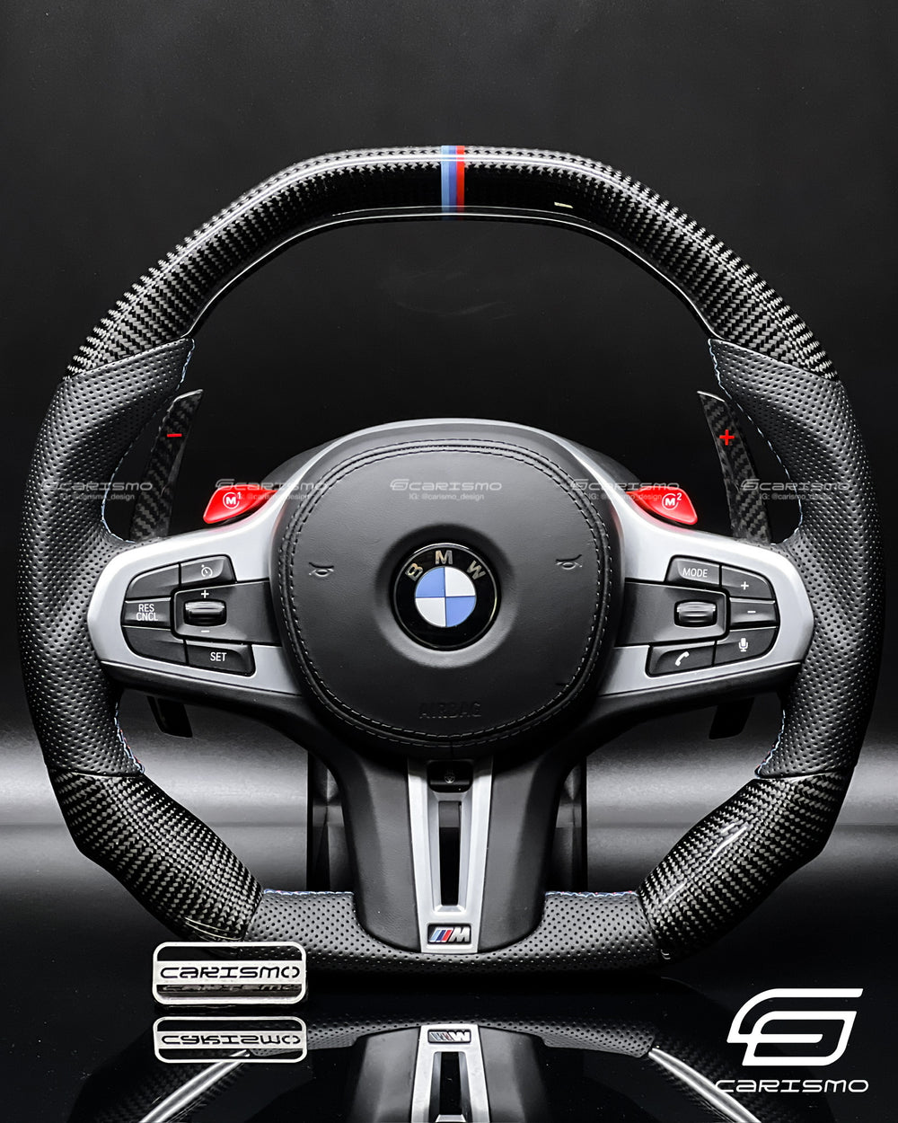 Carismo Steering Wheel For BMW G-Series (M Performance Wheel) - Signature - Gloss Carbon - Perforated Leather - BMW M Colors