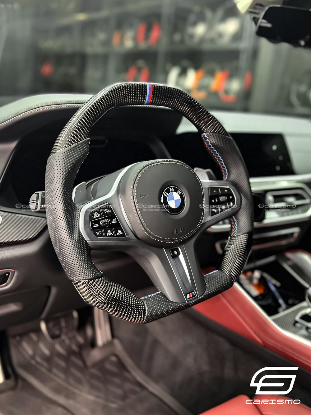 Carismo Steering Wheel For BMW G-Series (M Performance Wheel) - Signature - Gloss Carbon - Perforated Leather - BMW M Colors