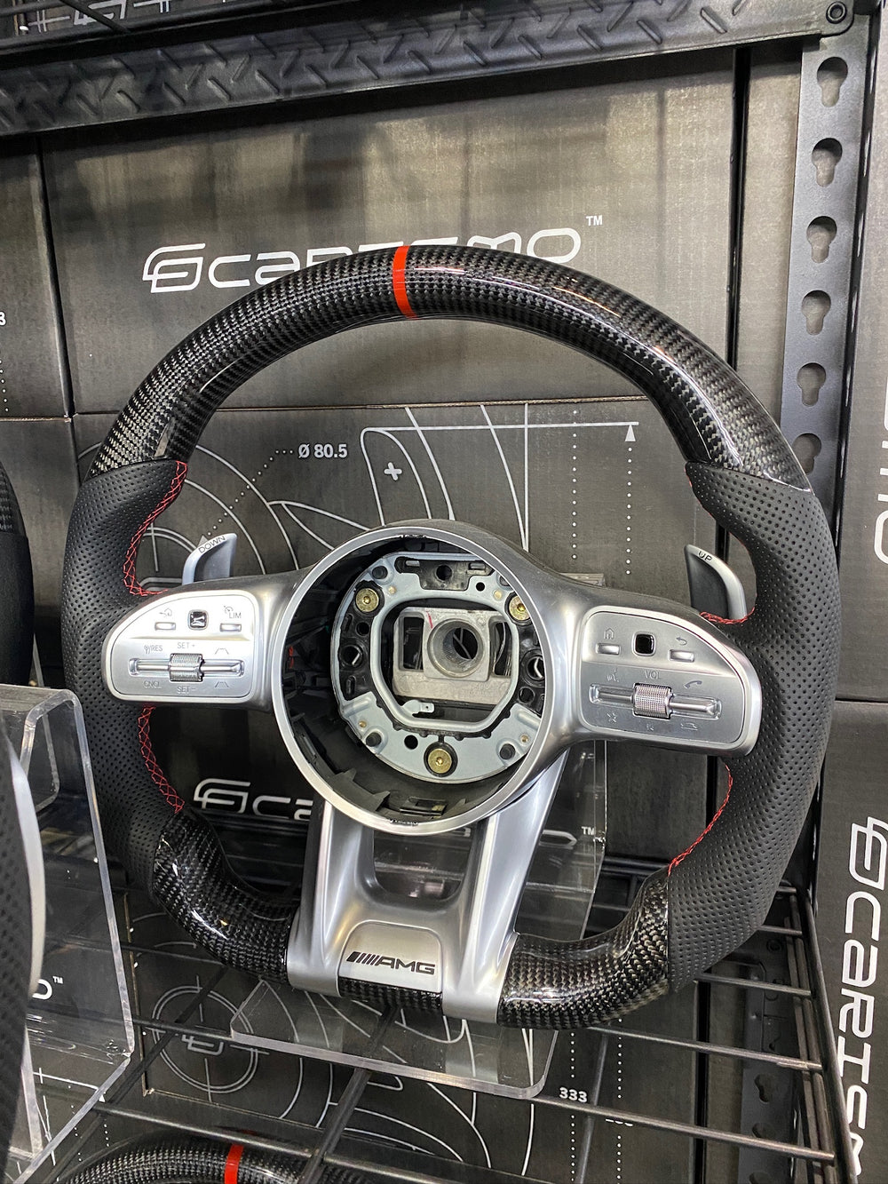 Carismo Steering Wheel For Mercedes/AMG (2020 AMG Performance Wheel) - Sport - Gloss Carbon - Perforated Leather - Red