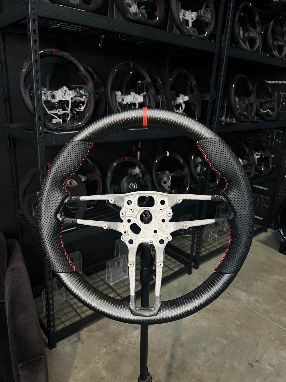 [Media/Test] Porsche (992.1 Wheel) - OEM Shape - Matte Carbon - Perforated Leather - Red Stitching - Red Stripe (Minor Scratch)
